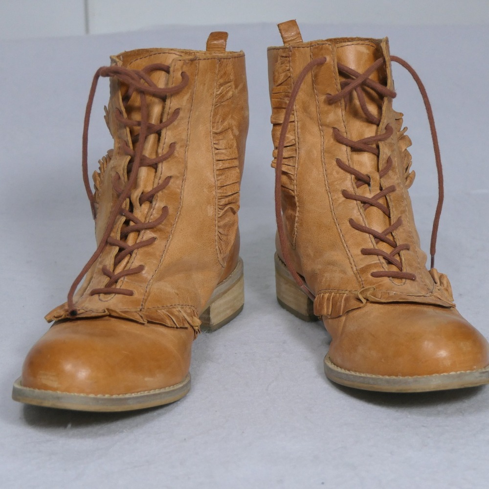 Miss Albright Womens Ankle Boots 7B Tan Lace Up Ruffle Leather Cottagecore Boho